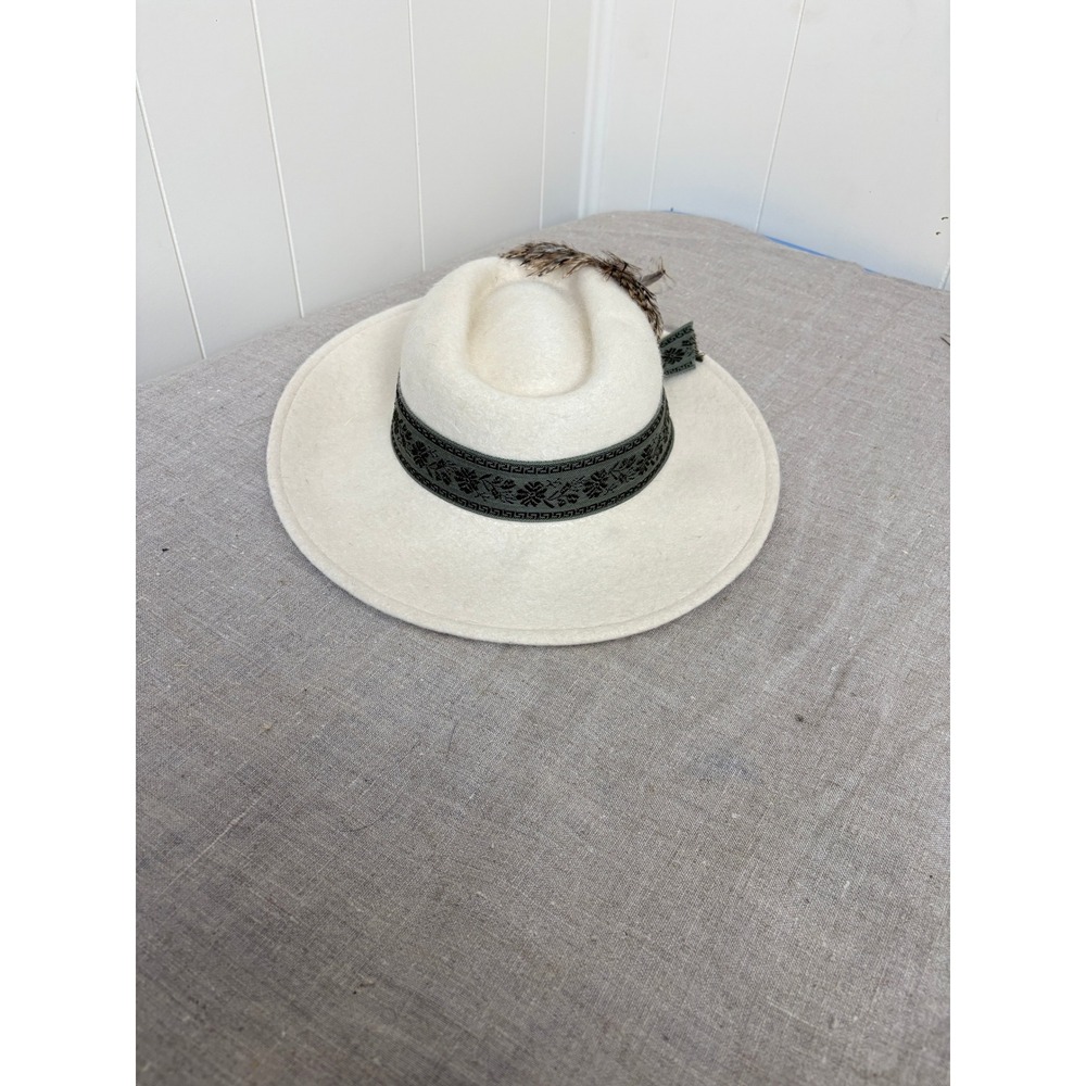 Geiger Tyrolean Fedora Hat Mens 54 Cream White Wool Felt Feather Austria